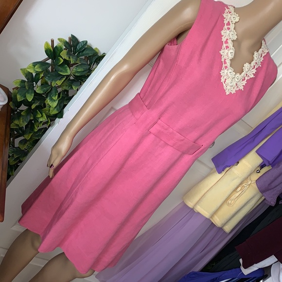 Vintage 1960's MOD Pink mini dress with pockets pure Irish linen  S M - Picture 12 of 13